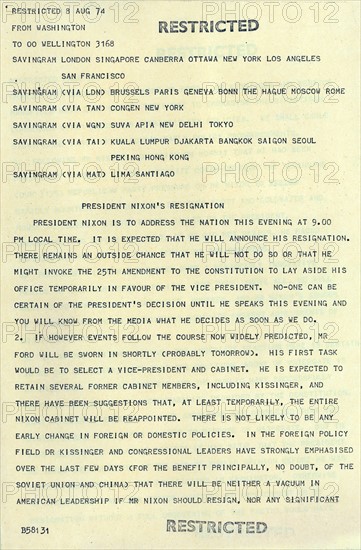 Telegram to US diplomats ahead of televised resignation of President Richard Nixon