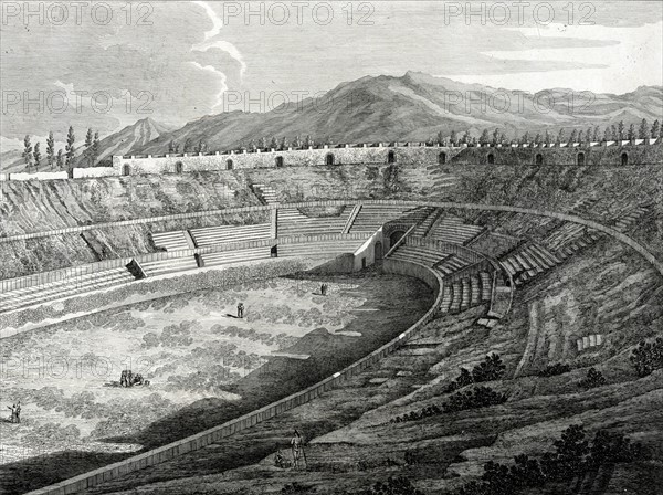 19th century drawing of the Amphitheatre at Pompeii Italy.