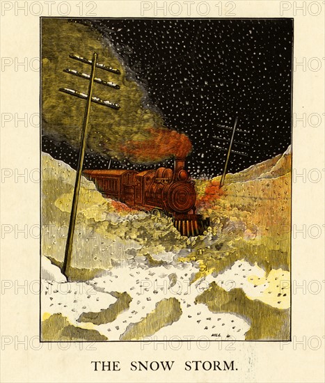 An American illustration of a Steam train at night journeying through a snow storm 1870