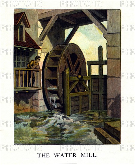 An American illustration of a man watching a waterwheel churning water by a mill 1870