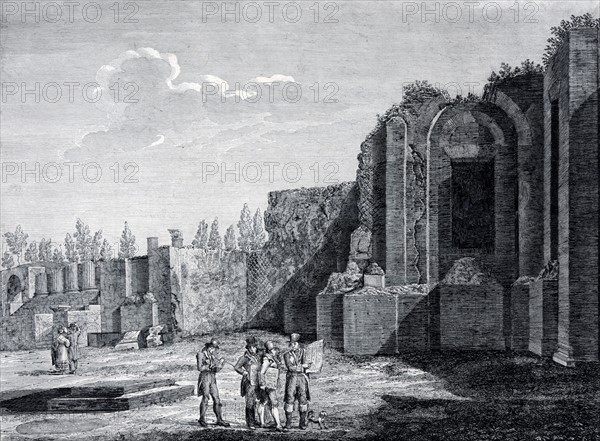 illustration showing tourists visiting the Roman ruins at Pompeii, in Italy, during their 'Grand Tour' of Europe. circa 1840