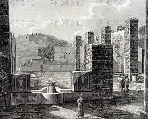 illustration showing tourists visiting the Roman ruins at Pompeii, in Italy, during their 'Grand Tour' of Europe. circa 1840