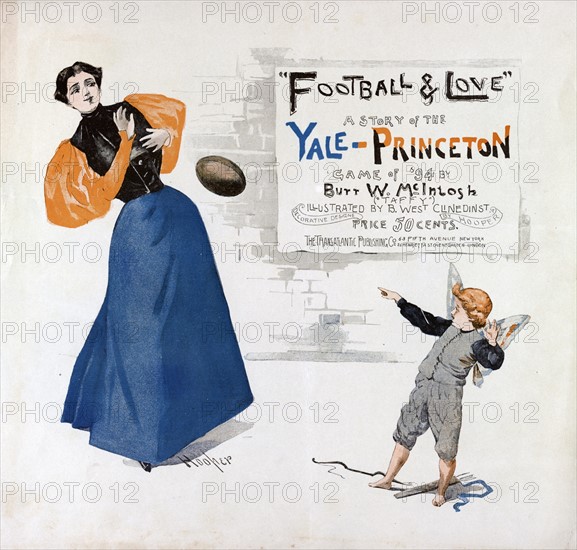 Poster depicting a woman and winged boy tossing a football
