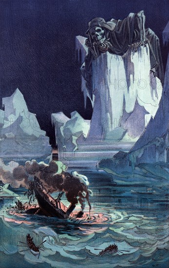 satire Illustration depicting an ocean liner sinking amid icebergs with many passengers jumping into the sea for lack of enough lifeboats