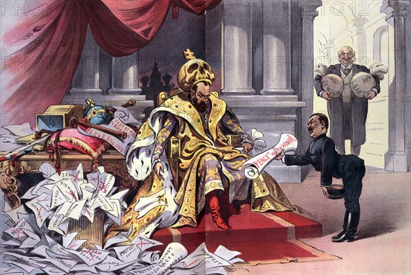Political satire depicts Nicholas II, emperor of Russia, sitting on a throne, wearing a large skull topped with a cross as a crown, whilst a Japanese man is offering him papers labelled 'Peace 'with Honour'' and a Jewish man, holding bags labelled 'Jewish Loans' in the doorway
