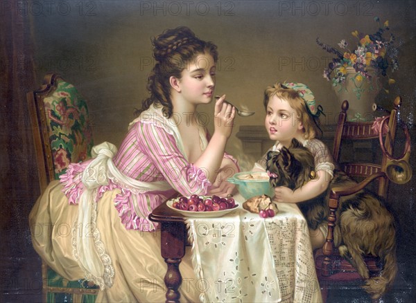 chromolithograph print titled 'Déjeuner à trois' depicting a young woman sitting at a table filled with breakfast food