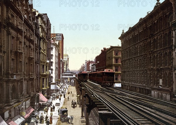 Colour photomechanical print of Wabash Avenue, North from Adams Street, Chicago