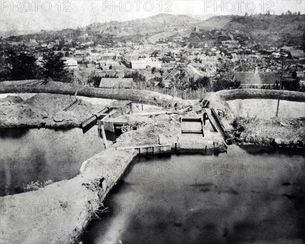 Photograph shows reservoirs used for mining placer gold at Columbia, Tuolumne County, California.