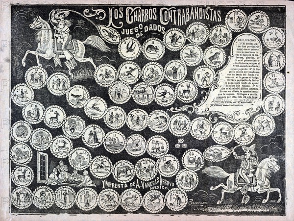 Game board for dice game of the cowboy smugglers shows Mexican cowboys in charro outfits on horseback, lassoing the 64 spaces on the board. The accompanying text, upper right, provides the rules for the game.