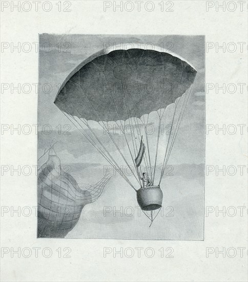 Wood engraving depicting André Jacques Garnerin standing in the gondola of his parachute waving a French flag after release from his balloon