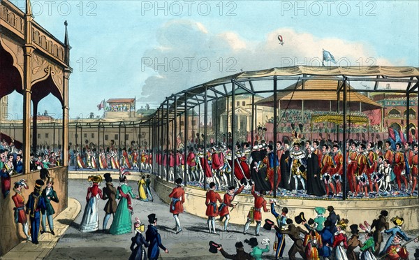 Hand-coloured aquatint etching depicting the Coronation procession of His Majesty George IV