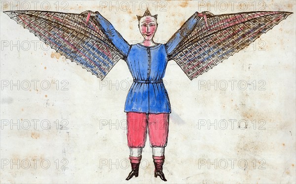 Hand-coloured lithograph of a man who flies with wings attached to his tunic