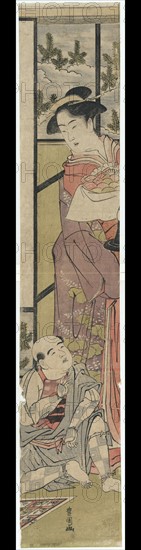 Print depicting a Japanese woman holding a tray of rice cakes, standing over a man sitting on the floor next to a game board