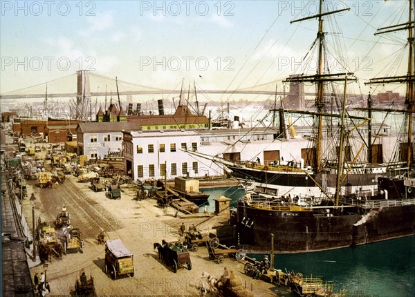 Photomechanical print of South street and the Brooklyn Bridge