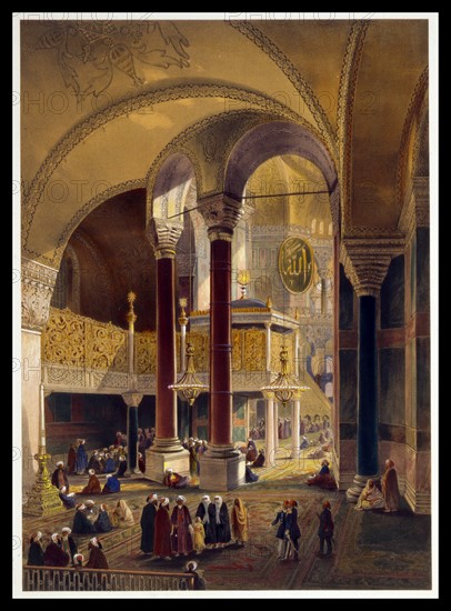 Lithograph print depicting the gallery and imperial tribune of Ayasofya Mosque, formerly the Church of Hagia Sophia