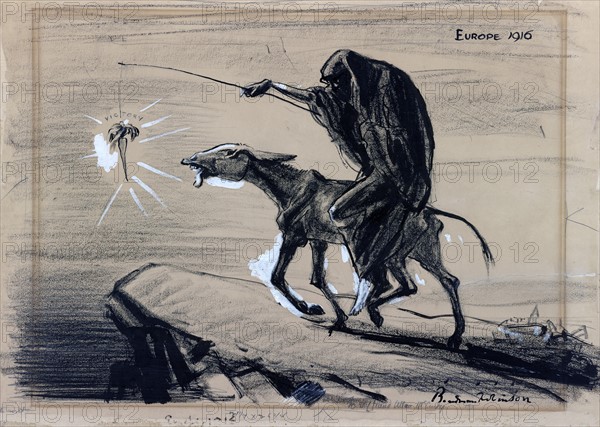 Political satire cartoon depicting Death riding an emaciated donkey and leading it toward a precipice by dangling a carrot, 'victory,' from a stick