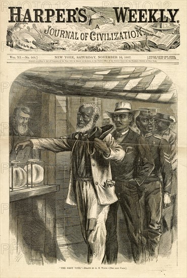 Political satire woodcut engraving illustration depicting a queue of African-American men casting their votes