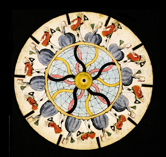 Zoetrope optical illusion disc which is spun displaying the illusion of motion of a man bowing and a woman curtsying to each other in the circle at the outer edge of the disc. 1870.