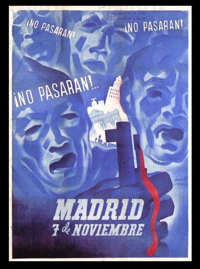 7 Nov. 1937. Issued by the Ministry of Propaganda, Madrid Office. Issued to honour the people's defence of Madrid; its dominant blue colour may evoke the blue overalls that were standard worker's attire.