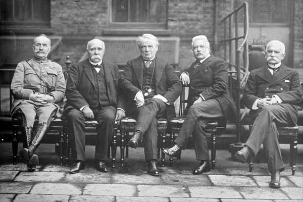 Photograph shows French General Ferdinand Foch (1851-1929), French Prime Minister Georges Benjamin Clemenceau (1841-1929), British Prime Minister David Lloyd George (1863-1945), Italian Prime Minister Vittorio Emanuele Orlando (1860-1952) and Italian Minister of Foreign Affairs Baron Sidney Costantino Sonnino (1847-1922).