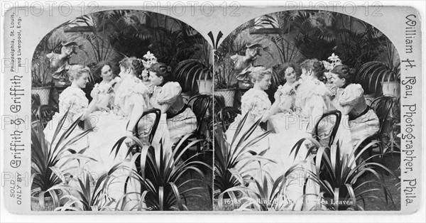 group of women seated at a table, looking at tea leaves 1897