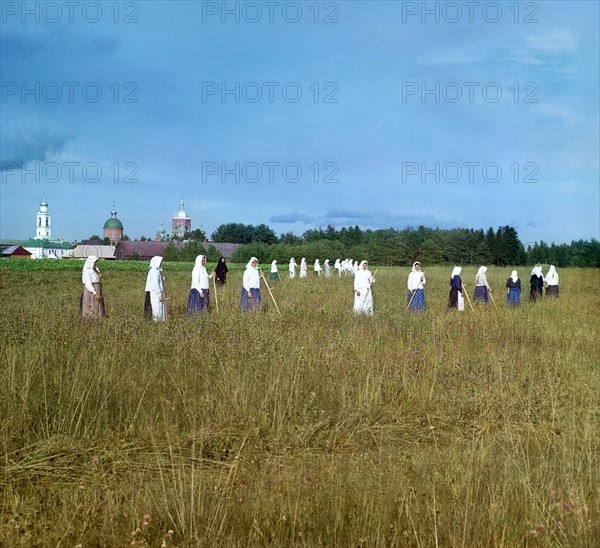 Russian peasant women work on the land during summer in Tsarist Russia 1905