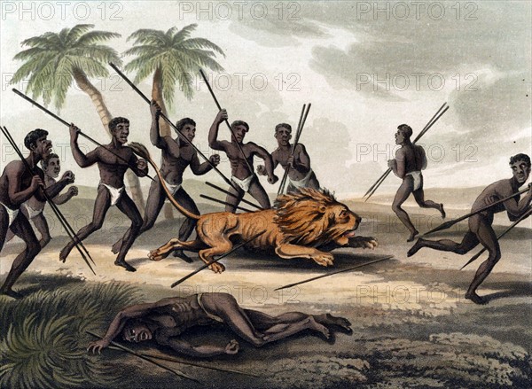 Africans with spears surrounding a lion. By Samuel Howitt,