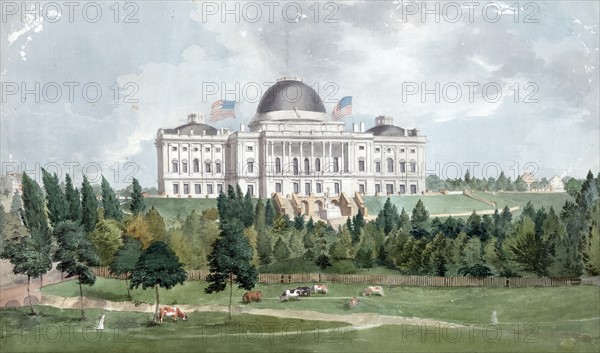 West front of the United States Capitol with cows in the foreground 1831; by John Rubens Smith, 1775-1849, artist