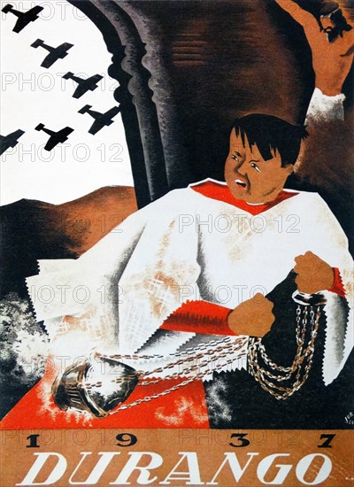 Republican propaganda poster showing a church altar boy terrified at the impending Bombing of Durango in Spain