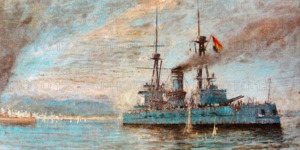 Spanish naval cruiser off Barcelona during the Spanish Civil War