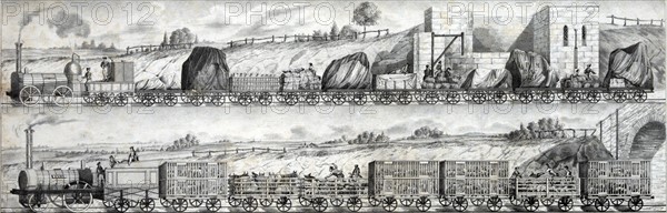 Two views of freight trains of the Liverpool and Manchester Railway Company