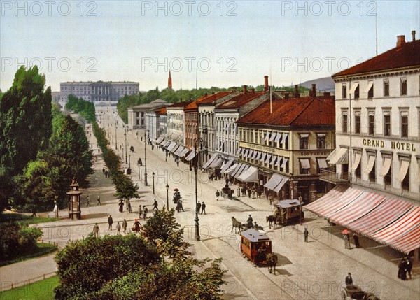 Carl Johan's Gade with Grand Hotel, Oslo (Christiania), Norway 1890