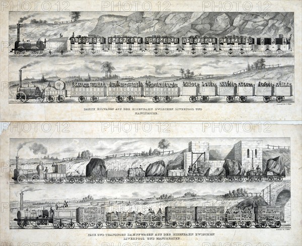 Print showing two views of passenger trains of the Liverpool and Manchester Railway Company