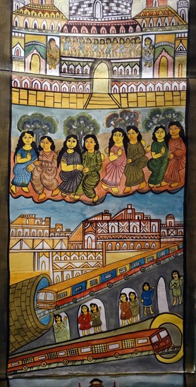 Brightly coloured marouflage depicting the Kolkata Metro by Madhu Chitrakar