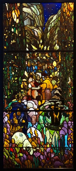 Stained-glass triptych titled 'The Blue Pool' by Joaquin Mir Trinxet