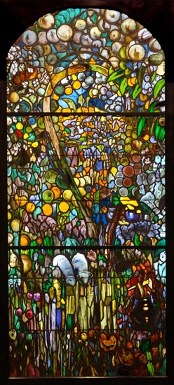 Stained-glass triptych titled 'The Blue Pool' by Joaquin Mir Trinxet