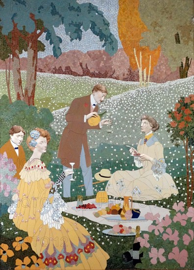 Ceramic mosaic depicting a picnic in the country
