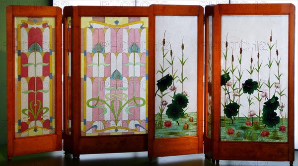 Glass and Wood screen decorated with Lilies by Frederic Vidal