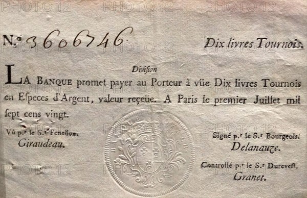 10 livres tournois banknote, issued by the Banque Royale, France, 1720