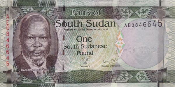 South Sudan banknote, 2011; features a portrait of John Garang