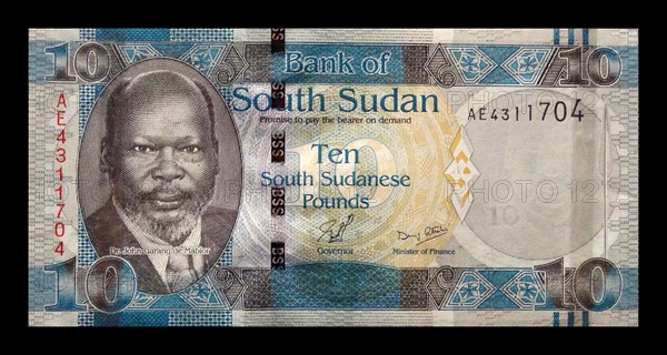 South Sudan banknote, 2011; features a portrait of John Garang