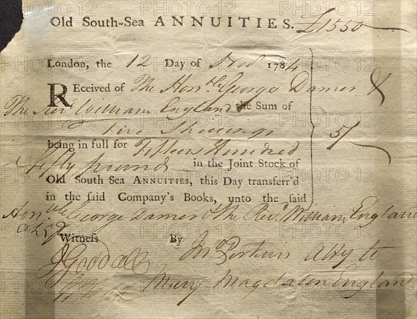 South Sea annuities share certificate London, 1784
