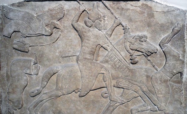 Wall frieze depicting a king or noble on horseback defeating an enemy. Assyrian, about 865-860 BC