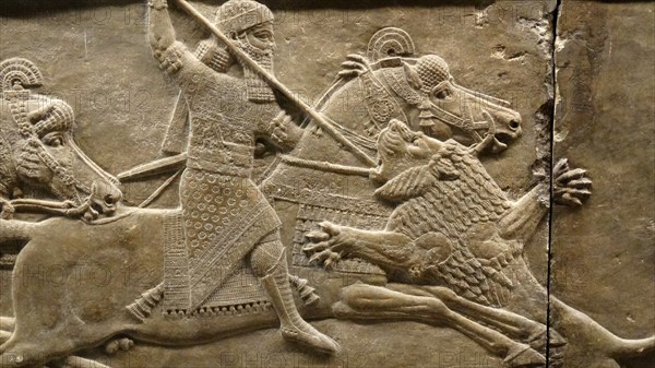 Relief showing Lion hunt on horseback. Assyrian, about 645-635 BC From Nineveh, Iraq