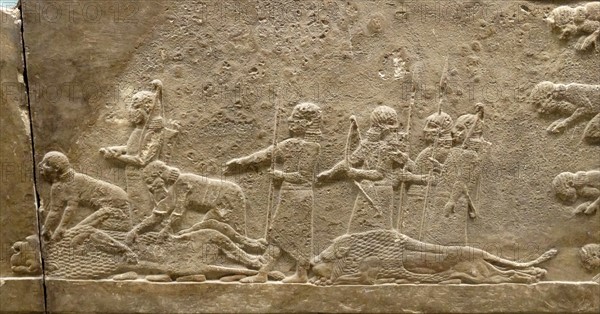 Relief showing Lion hunt on horseback. Assyrian, about 645-635 BC From Nineveh, Iraq.