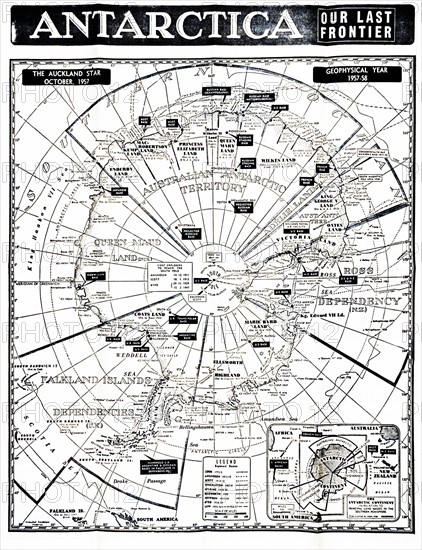 Antarctica map showing the various national zones 1958