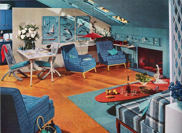 1955 Interior of an American, designer house living room.