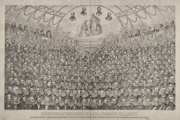 Print showing bust portraits of men beneath bust portraits of women and a banner labelled 'Coronation of Womanhood.'