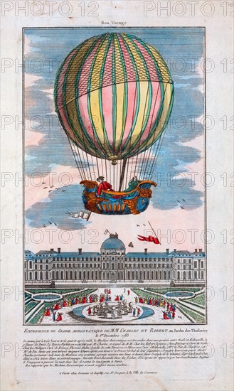 Jacques Alexandre César Charles and Marie-Noël Robert riding in the gondola of a balloon ascending from the Tuileries Garden, Paris, France, December 1, 1783 in the first hydrogen balloon flight.