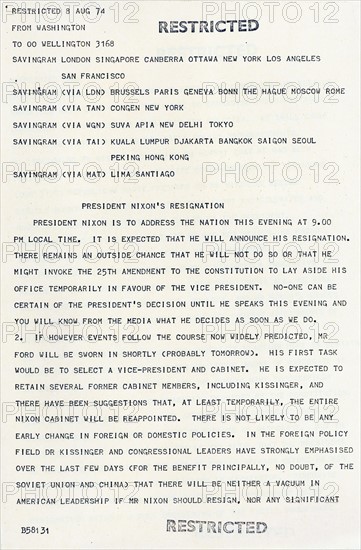 telegram to US Embassies announcing the resignation of US President Richard Nixon in 1974
